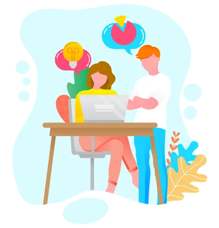 Man And Woman Communication With Computer Discussing Diagram Report And Creative Business Strategy Workers Cooperating And Working With Laptop Professional Partnership And Successful Work Vector Illustration