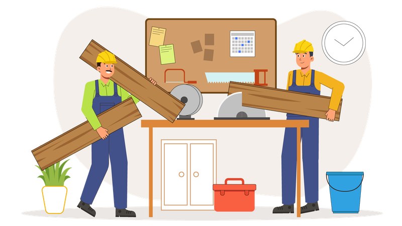 Workers doing carpentry work in new house  Illustration