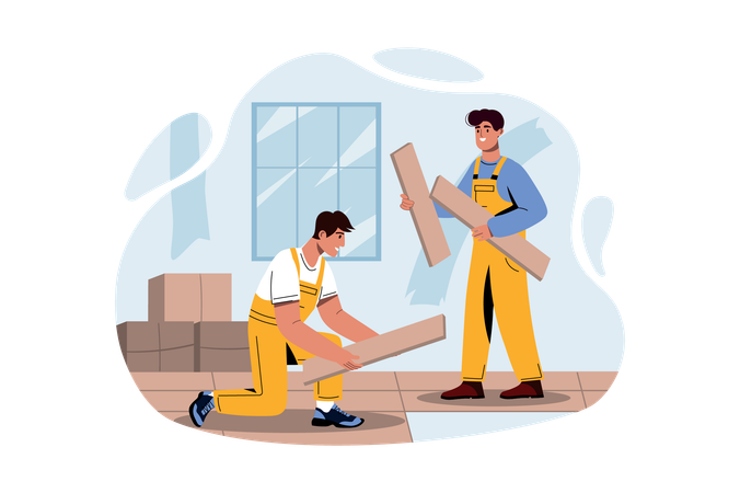 Workers doing floor construction  Illustration