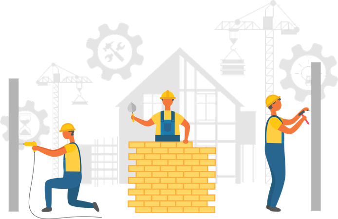 Workers doing repairers working with walls  Illustration