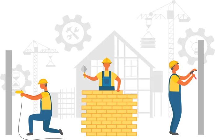 Repairers Working With Walls Drilling And Nailing Laying Bricks Silhouette Of Hammer And Wrench In Bolt Crane And Build Construction Equipment Vector Illustration