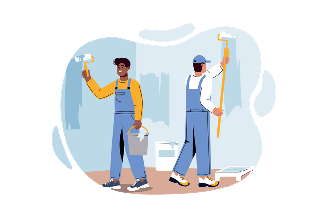 Workers doing wall painting  Illustration