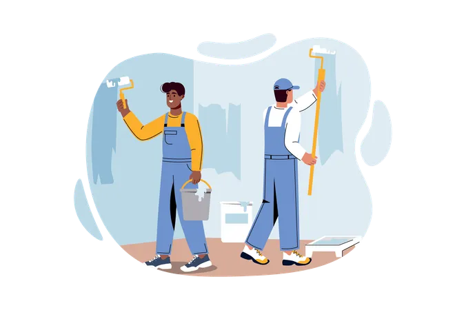 Workers doing wall painting  Illustration