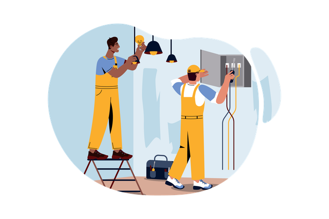 Workers fitting home electricity  Illustration