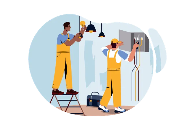 Workers fitting home electricity  Illustration