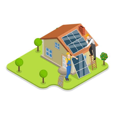 Workers fitting solar panel on house roof  Illustration