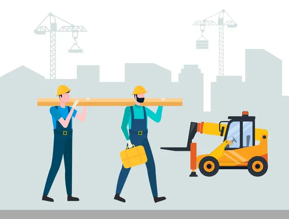 Workers Going With Log Forklift Machine Skyscraper And Jenny Construction Equipment Building Technology Contactor And Track Transportation Vector Illustration