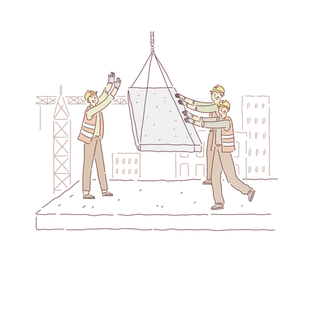 Builders At Construction Site Workers In Uniform Building Multi Storey House Foreman Gives Directions For Crane Operator Banner New Residential Area Concept Cartoon Sketch Flat Vector Illustration Illustration