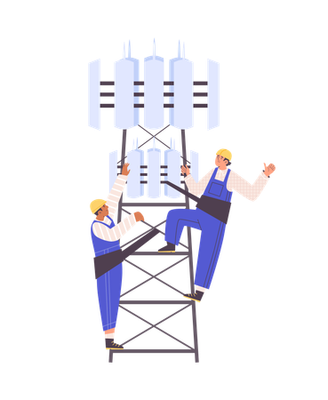 Workers in uniform climbing 5D cell tower  Illustration
