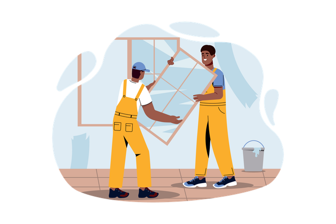 Workers install window glasses  Illustration