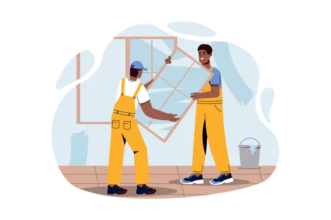 Workers install window glasses  Illustration