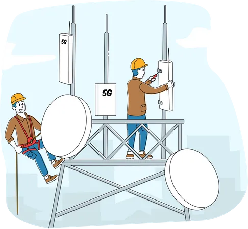 Workers installing 5G Tower  Illustration