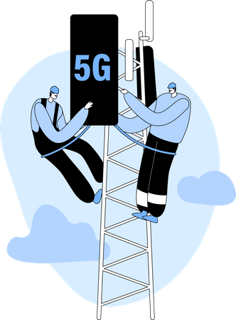 Workers Installing Equipment for 5G Internet on Transmission Telecommunication Tower  Illustration