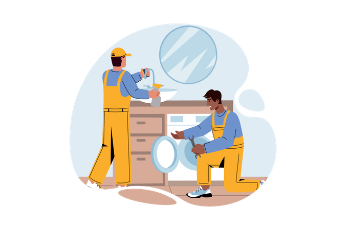 Workers installing water pipe  Illustration