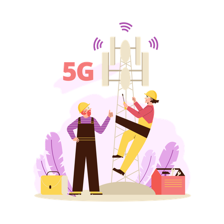Workers installs speed 5g internet  Illustration
