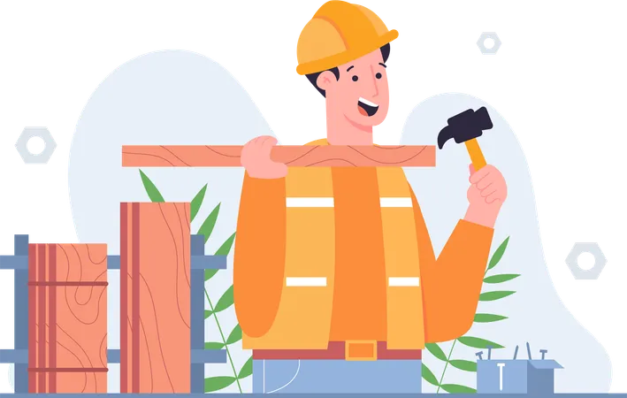 Workers Lift Wood  Illustration