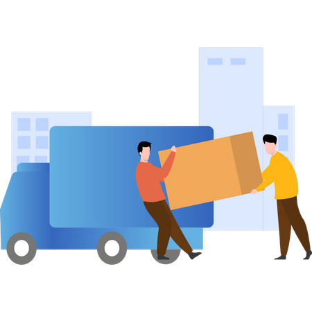 Workers loading delivery package into delivery truck  Illustration