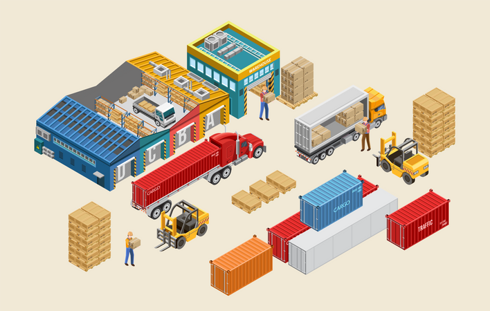 Workers loading trucks near cargo containers  Illustration