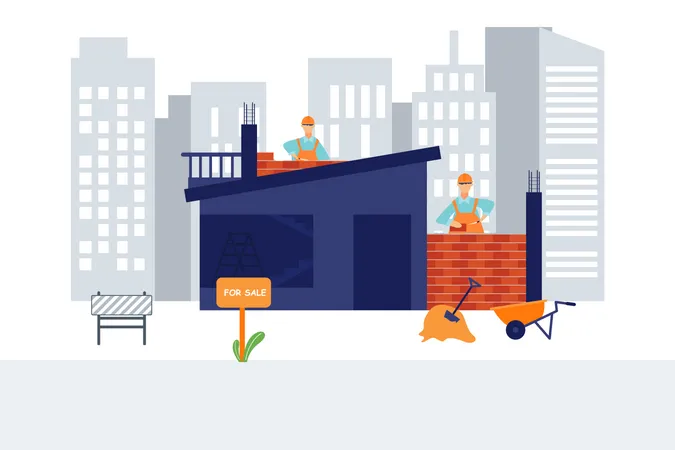 Workers making brick wall at construction site  Illustration