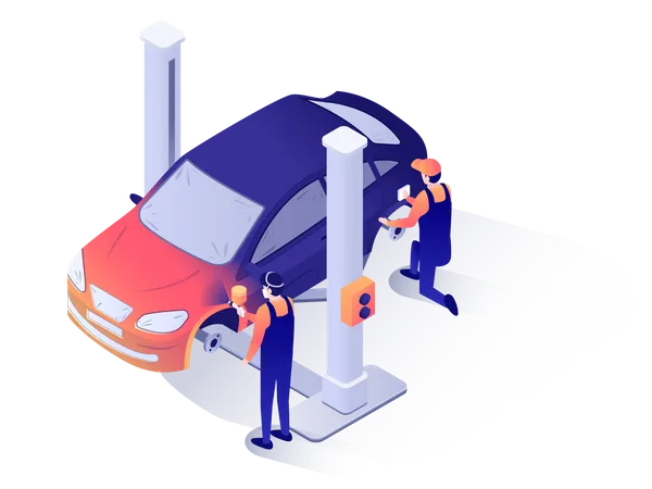 Workers of car service center painting car Illustration