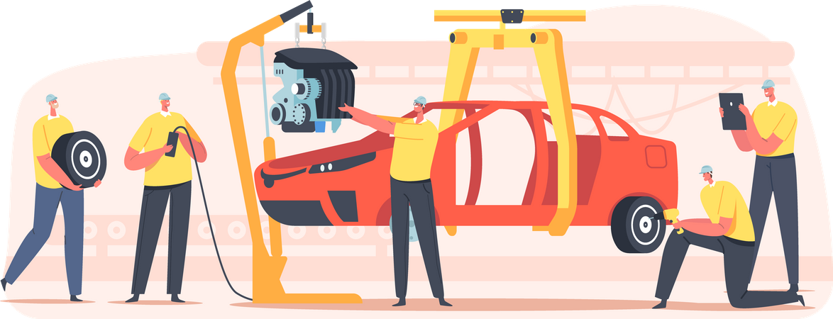 Workers on Car Production on Plant Illustration
