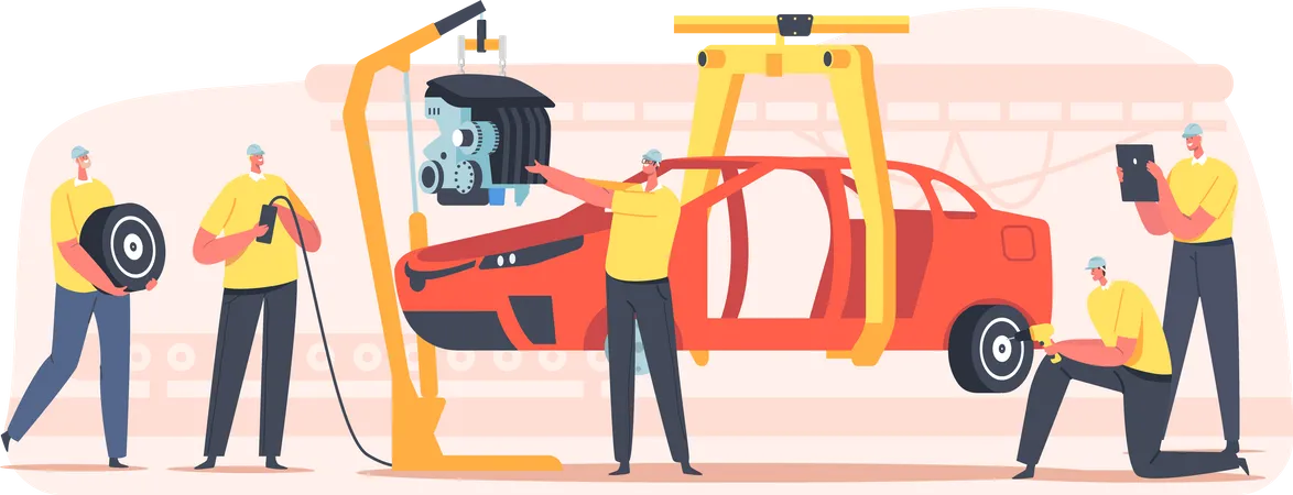 Workers on Car Production on Plant Illustration