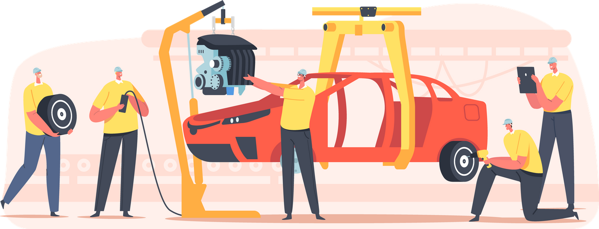 Workers on Car Production on Plant  Illustration