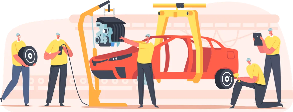 Workers on Car Production on Plant  Illustration