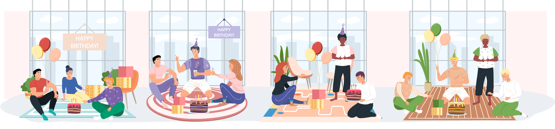 Workers organize birthday party celebration in office  Illustration