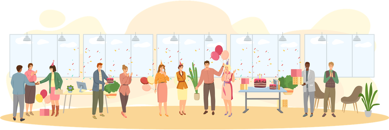 Workers organize birthday party celebration in office  Illustration