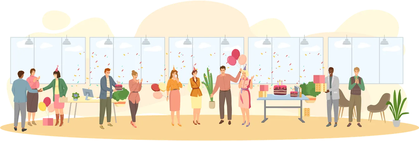 Workers organize birthday party celebration in office  Illustration
