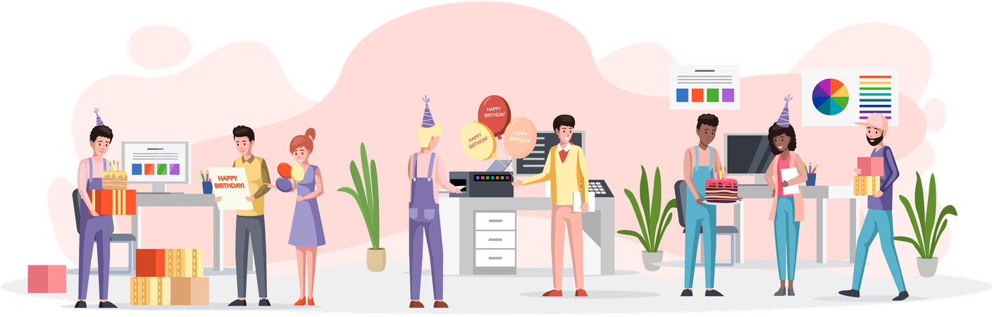 Workers organize birthday party in office  Illustration