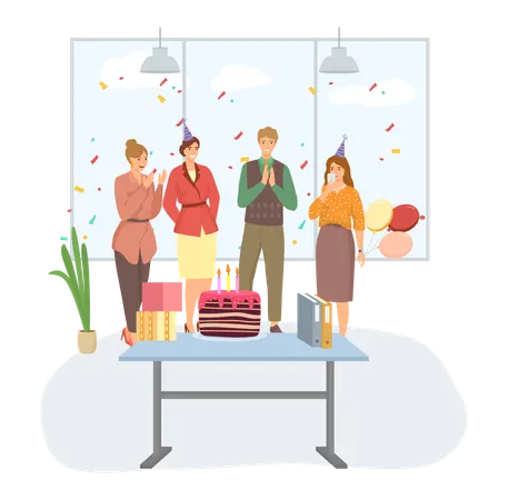 Workers organize party to congratulate colleague  Illustration