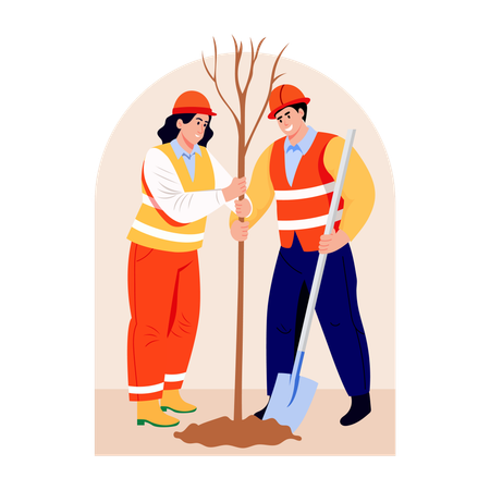 Workers plating tree in ground  Illustration