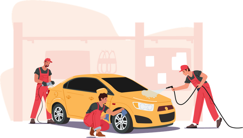 Workers removing excess dirt from car Illustration