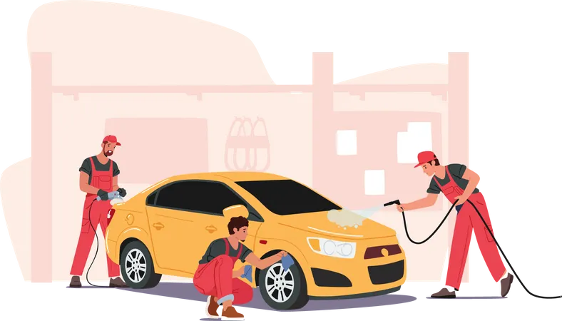 Workers removing excess dirt from car Illustration