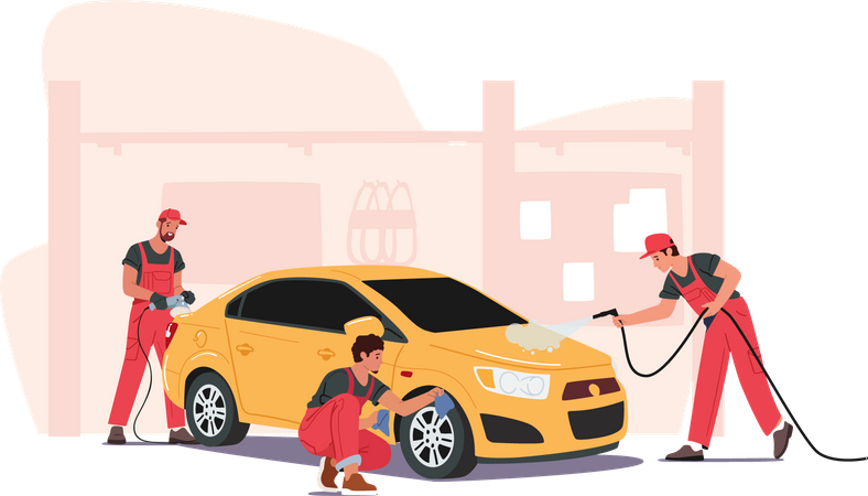 Workers removing excess dirt from car  Illustration