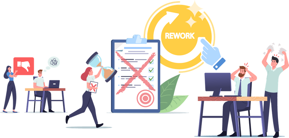 Workers Rework Documents Fixing Mistakes Illustration