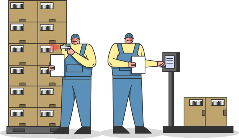 Workers Scanning Parcels By Barcode Scanner  Illustration