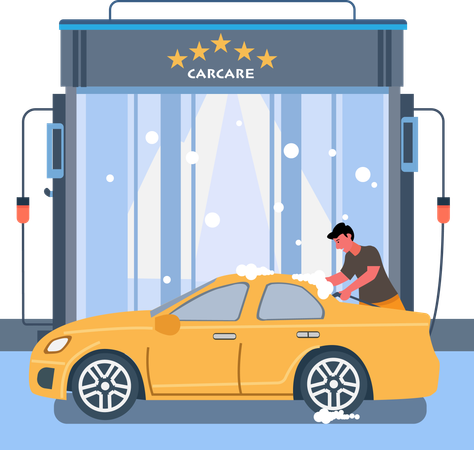 Workers washed car with foam sprayer  Illustration