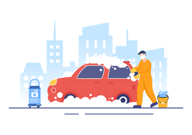 Workers Washing Automobile Using Sponges Soap and Water Illustration