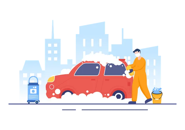 Workers Washing Automobile Using Sponges Soap and Water  Illustration