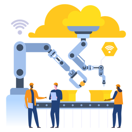 Workers work on assembly conveyor  Illustration