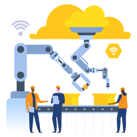 Workers work on assembly conveyor  Illustration