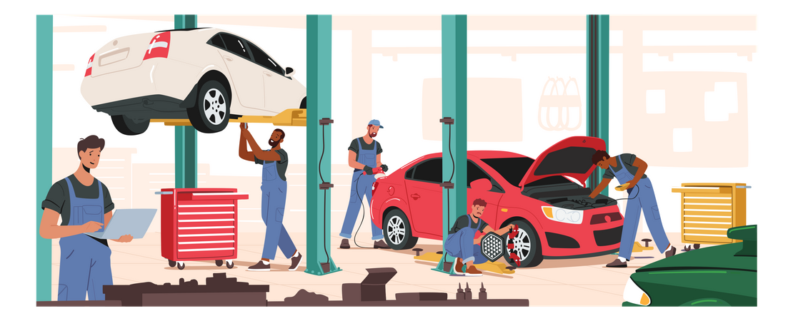 Workers working at Automobile industry Illustration