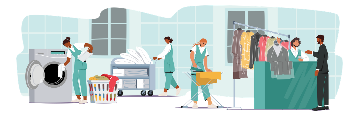 Workers working at laundry store  Illustration