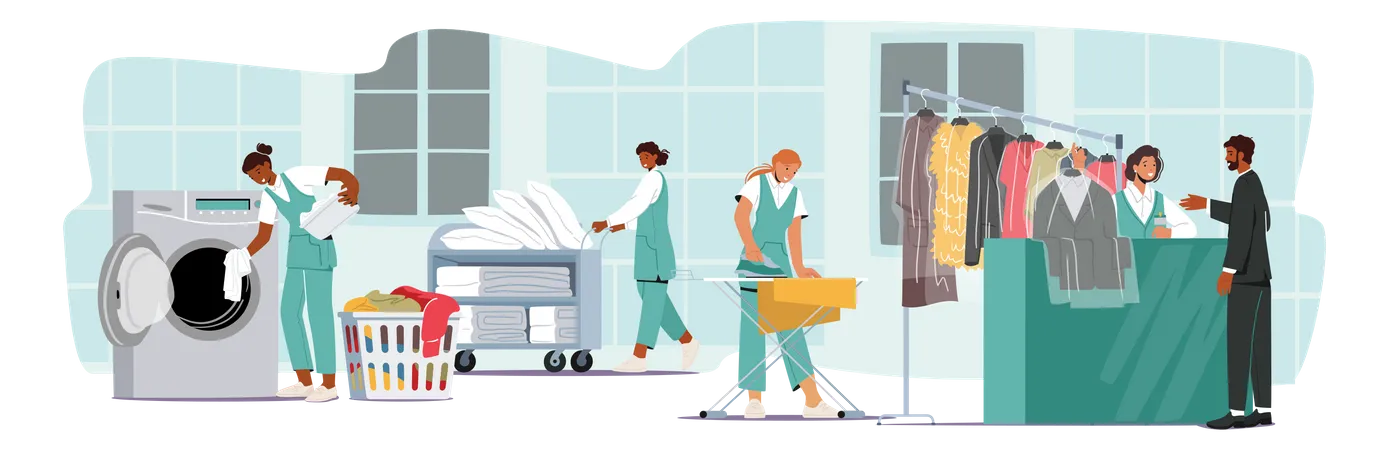 Workers working at laundry store  Illustration