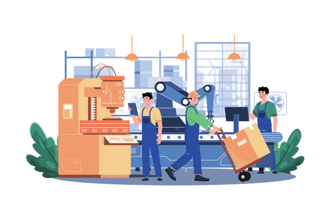 Workers Working In Automation Industry Illustration