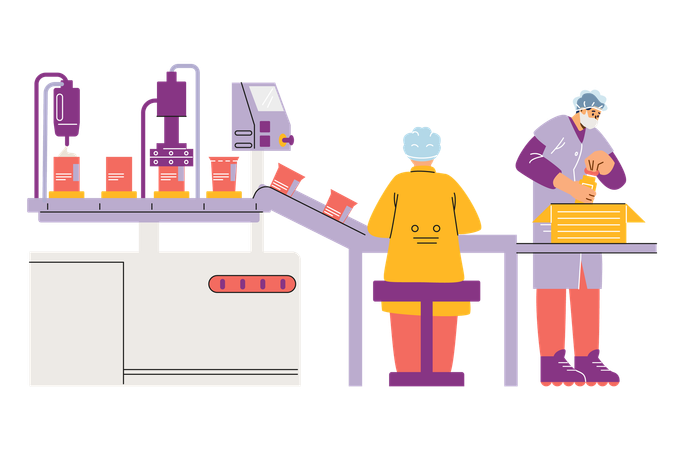 Workers working with moving conveyor line with bottles  Illustration
