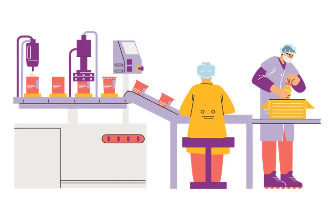 Workers working with moving conveyor line with bottles  Illustration